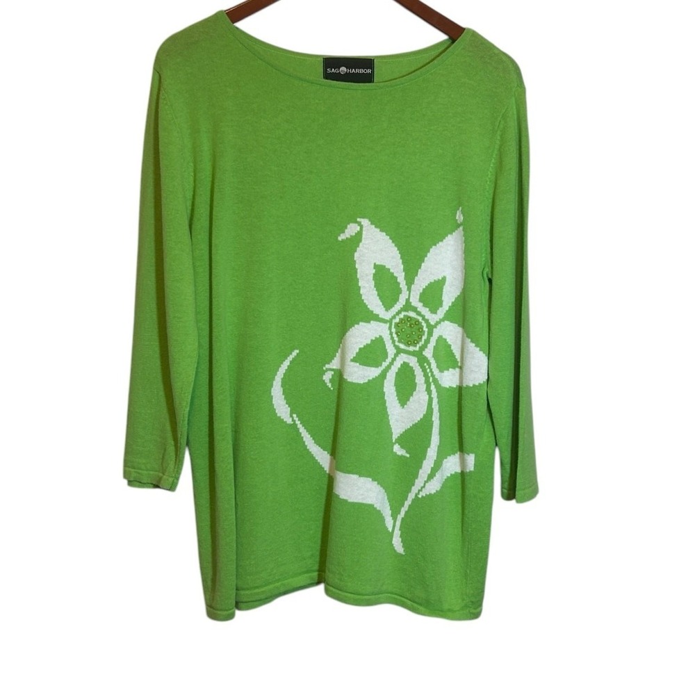 VTG Sag Harbor Women Tunic Sweater L Green Floral Knit Cottagecore Artsy Coastal